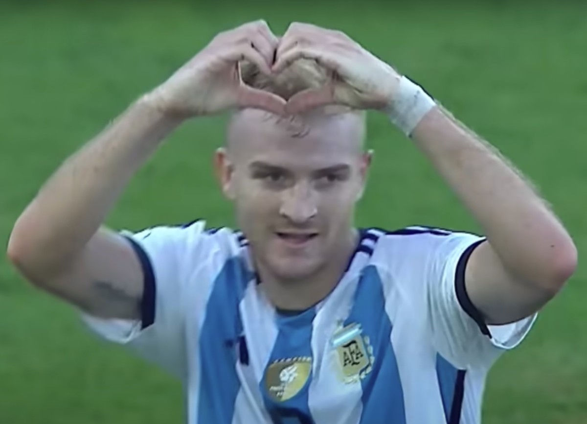 Luciano Gondou pictured celebrating after scoring for Argentina in a 1-0 win over Brazil in a qualifying match ahead of the 2024 Olympic Games